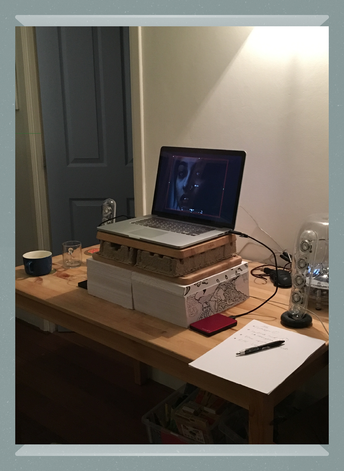 A makeshift standing desk setup that Chong Lii created back in 2017 for editing the film